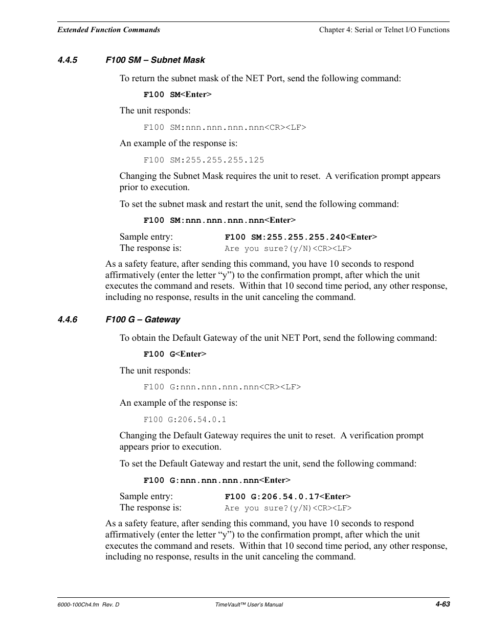 5 f100 sm - subnet mask, 6 f100 g - gateway, F100 sm – subnet mask | F100 g – gateway | Symmetricom Time Server User Manual | Page 77 / 148