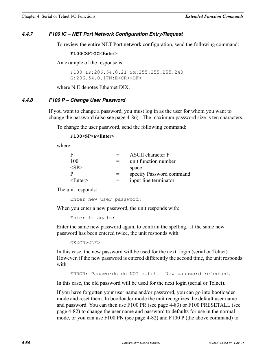8 f100 p - change user password, F100 p – change user password | Symmetricom Time Server User Manual | Page 78 / 148