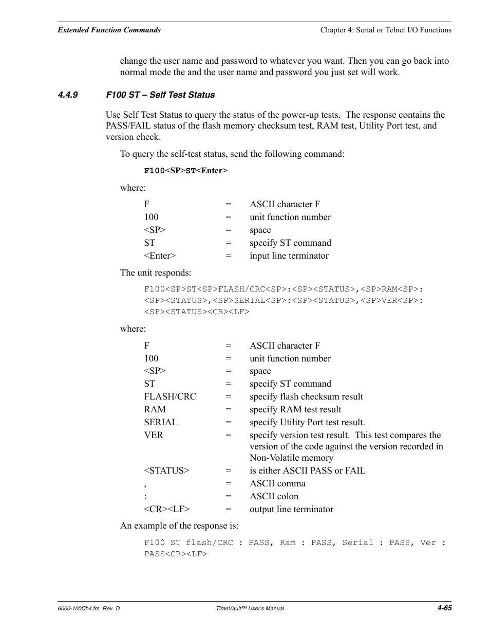 9 f100 st - self test status, F100 st – self test status | Symmetricom Time Server User Manual | Page 79 / 148