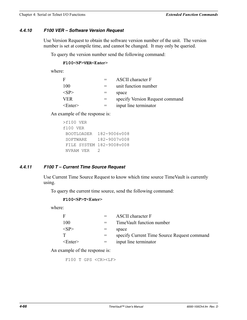10 f100 ver - software version request, 11 f100 t - current time source request, F100 ver – software version request | F100 t – current time source request | Symmetricom Time Server User Manual | Page 80 / 148