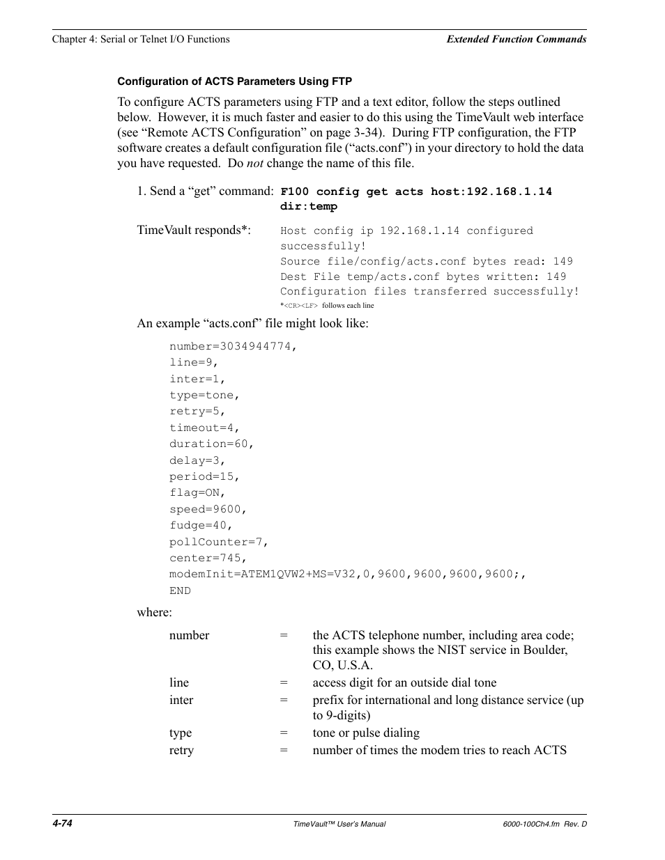 Configuration of acts parameters using ftp | Symmetricom Time Server User Manual | Page 88 / 148