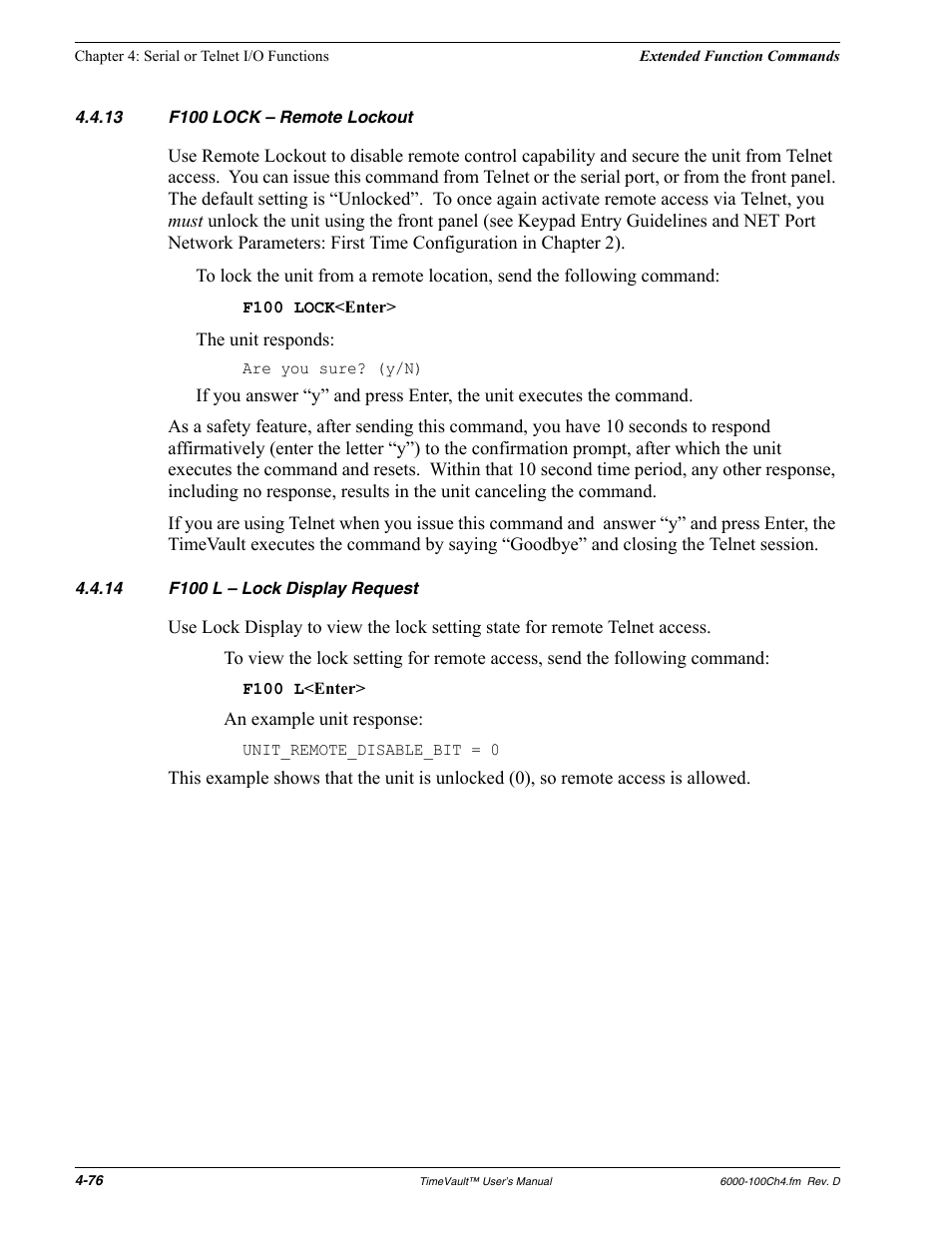 13 f100 lock - remote lockout, 14 f100 l - lock display request, F100 lock – remote lockout | F100 l – lock display request | Symmetricom Time Server User Manual | Page 90 / 148