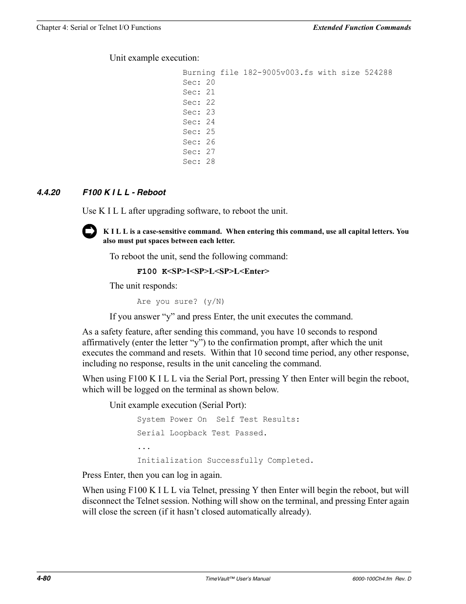 20 f100 k i l l - reboot, F100 k i l l - reboot | Symmetricom Time Server User Manual | Page 94 / 148