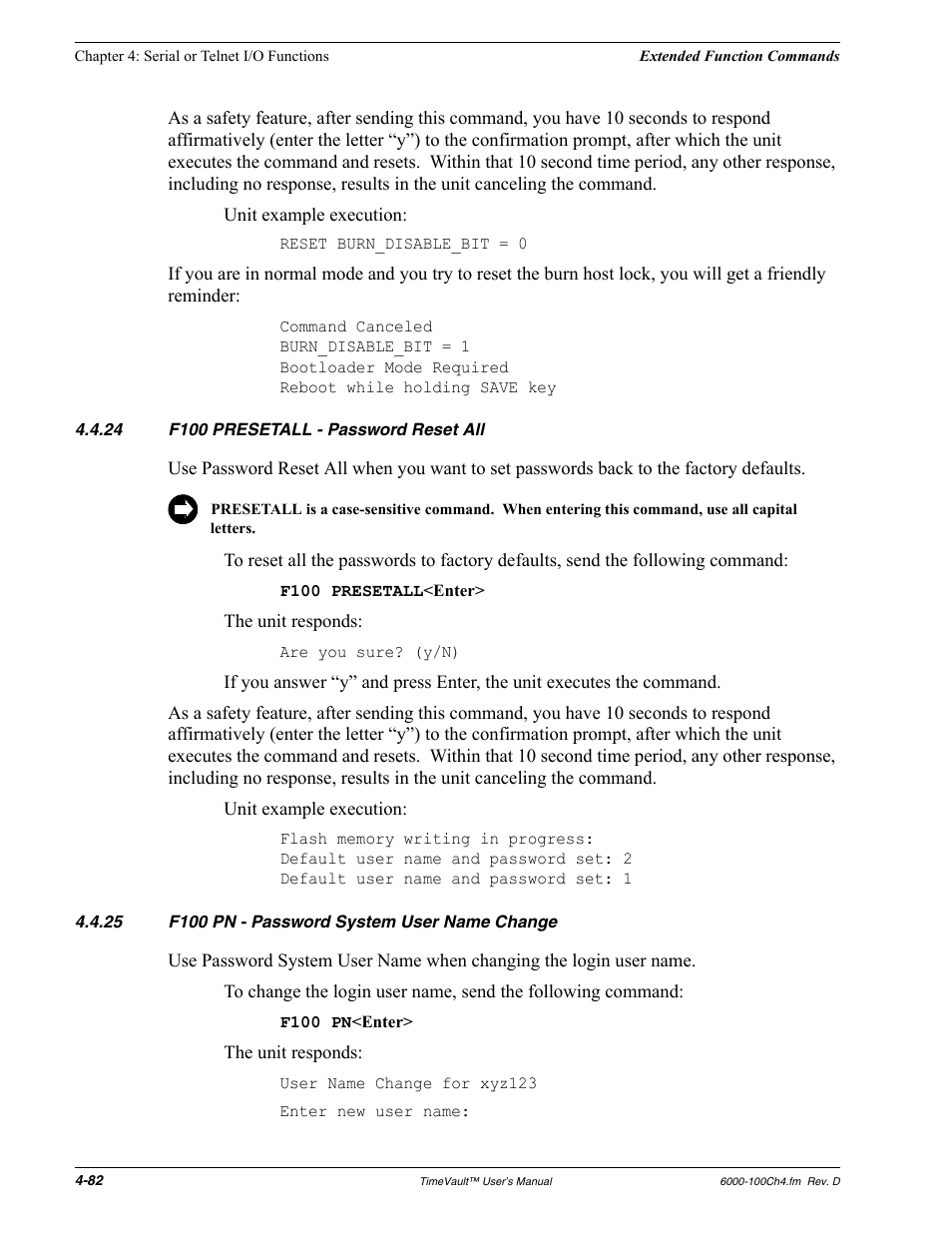 24 f100 presetall - password reset all, 25 f100 pn - password system user name change, F100 presetall - password reset all | F100 pn - password system user name change | Symmetricom Time Server User Manual | Page 96 / 148