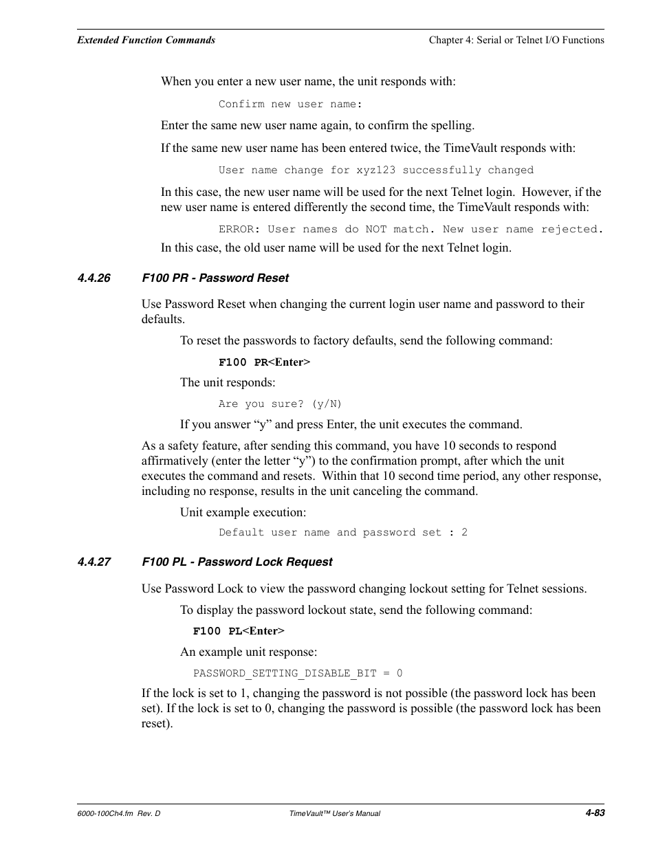 26 f100 pr - password reset, 27 f100 pl - password lock request, F100 pr - password reset | F100 pl - password lock request | Symmetricom Time Server User Manual | Page 97 / 148