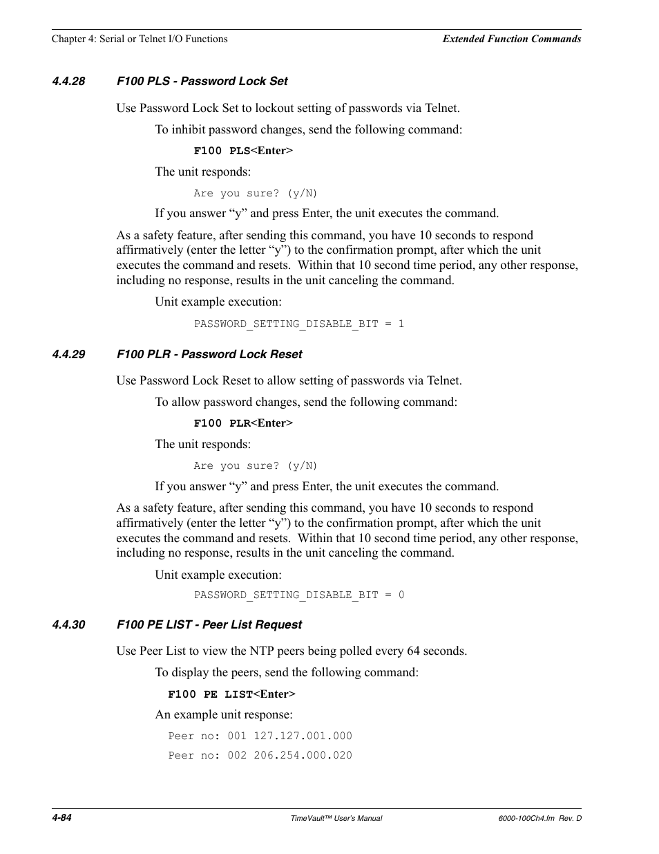 28 f100 pls - password lock set, 29 f100 plr - password lock reset, 30 f100 pe list - peer list request | F100 pls - password lock set, F100 plr - password lock reset, F100 pe list - peer list request | Symmetricom Time Server User Manual | Page 98 / 148