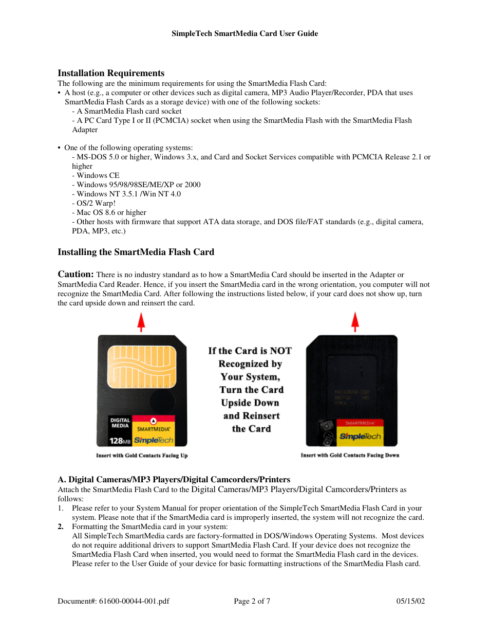 SimpleTech SmartMedia (SM) Card/Adapter User Manual | Page 2 / 7