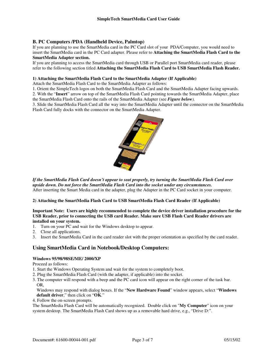 SimpleTech SmartMedia (SM) Card/Adapter User Manual | Page 3 / 7