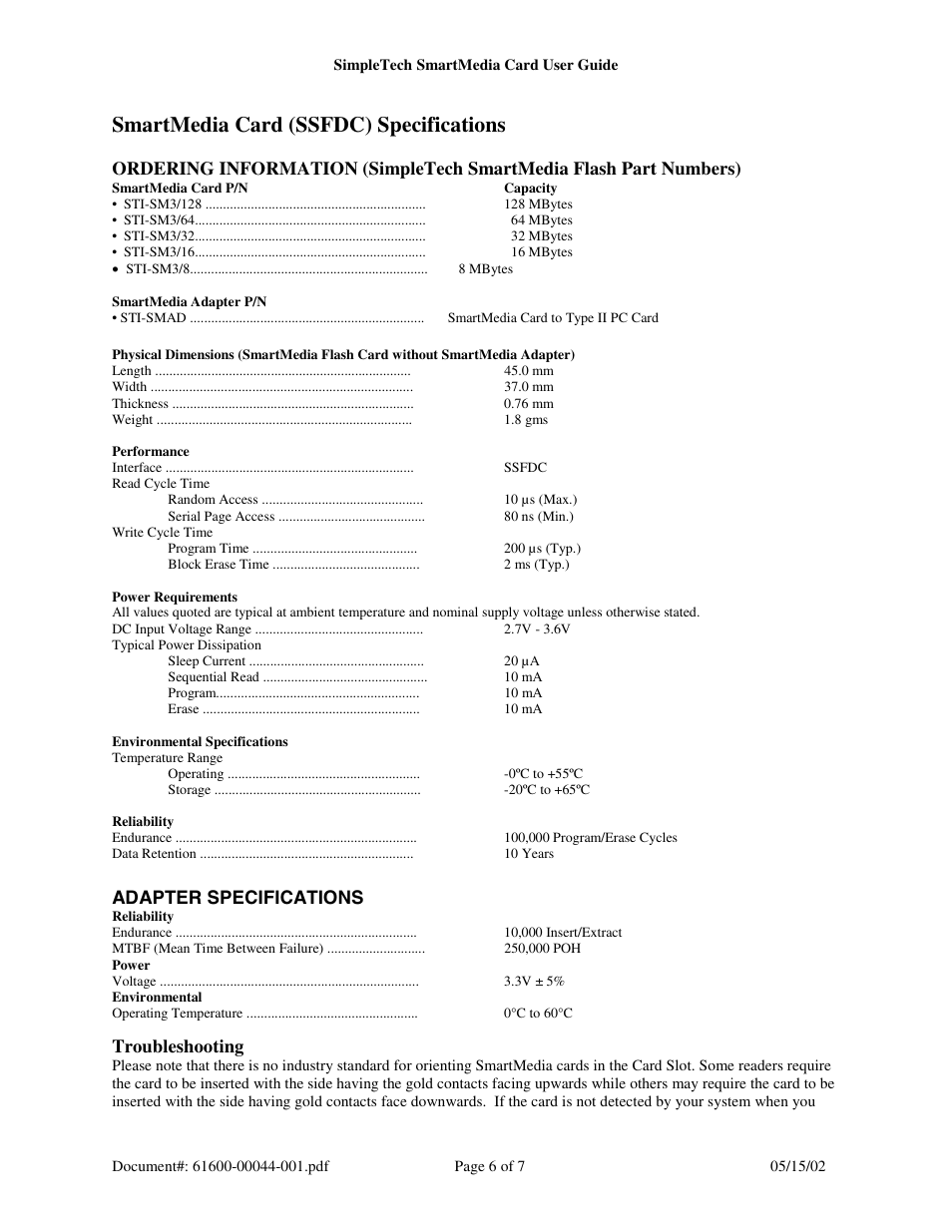 Adapter specifications, Smartmedia card (ssfdc) specifications, Troubleshooting | SimpleTech SmartMedia (SM) Card/Adapter User Manual | Page 6 / 7