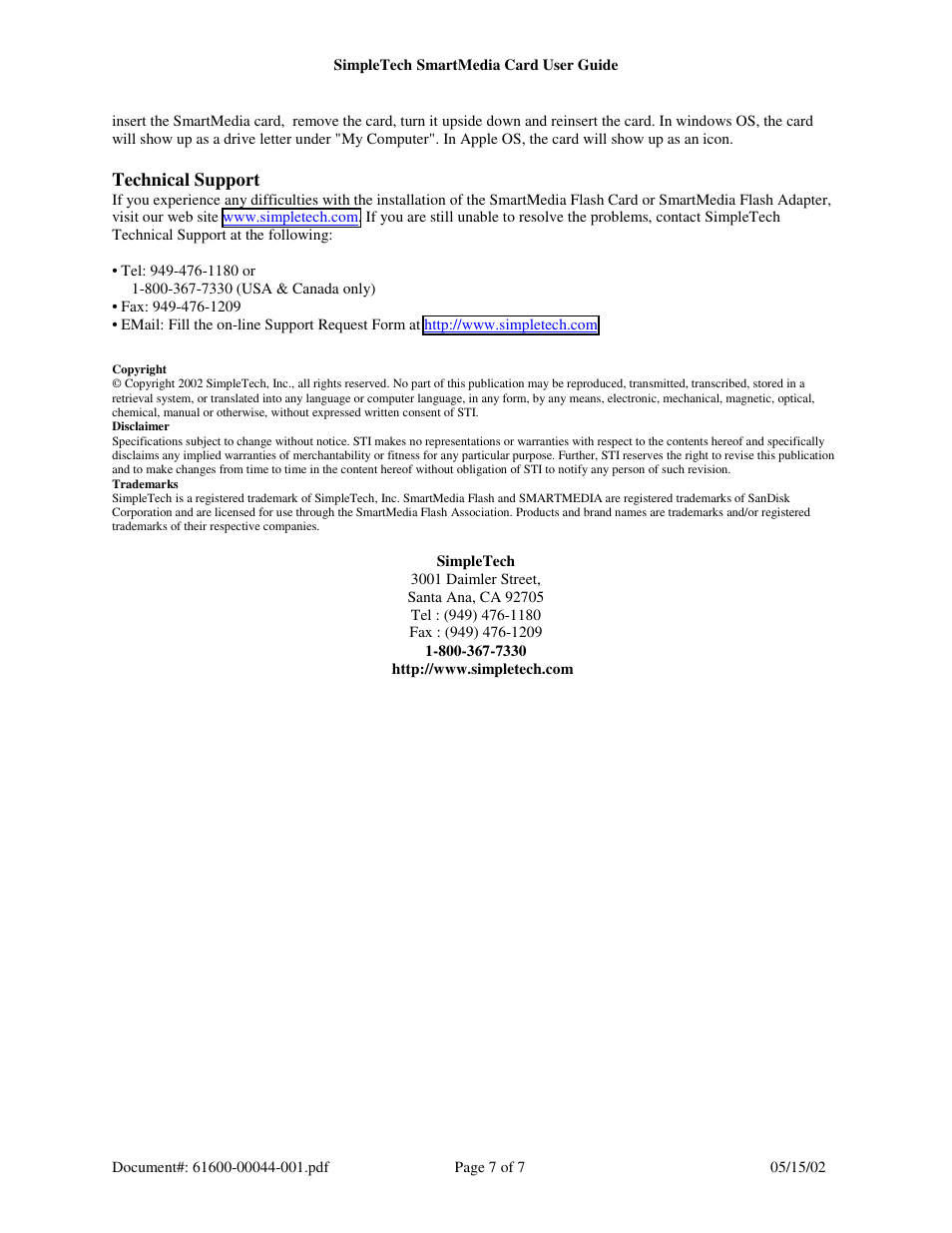 SimpleTech SmartMedia (SM) Card/Adapter User Manual | Page 7 / 7