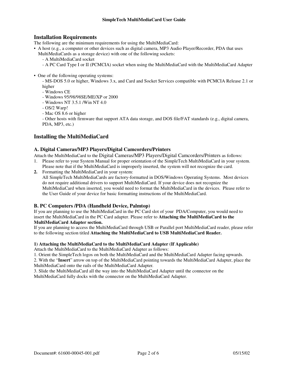 SimpleTech Digital Camera Memory Card User Manual | Page 2 / 6