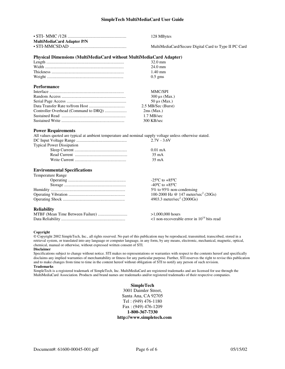 SimpleTech Digital Camera Memory Card User Manual | Page 6 / 6