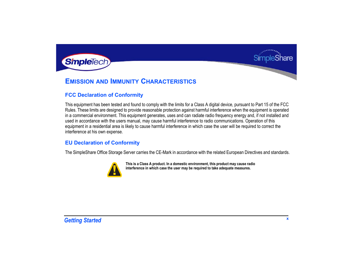 Emission and immunity characteristics, Fcc declaration of conformity, Eu declaration of conformity | SimpleTech SimpleShare User Manual | Page 10 / 120