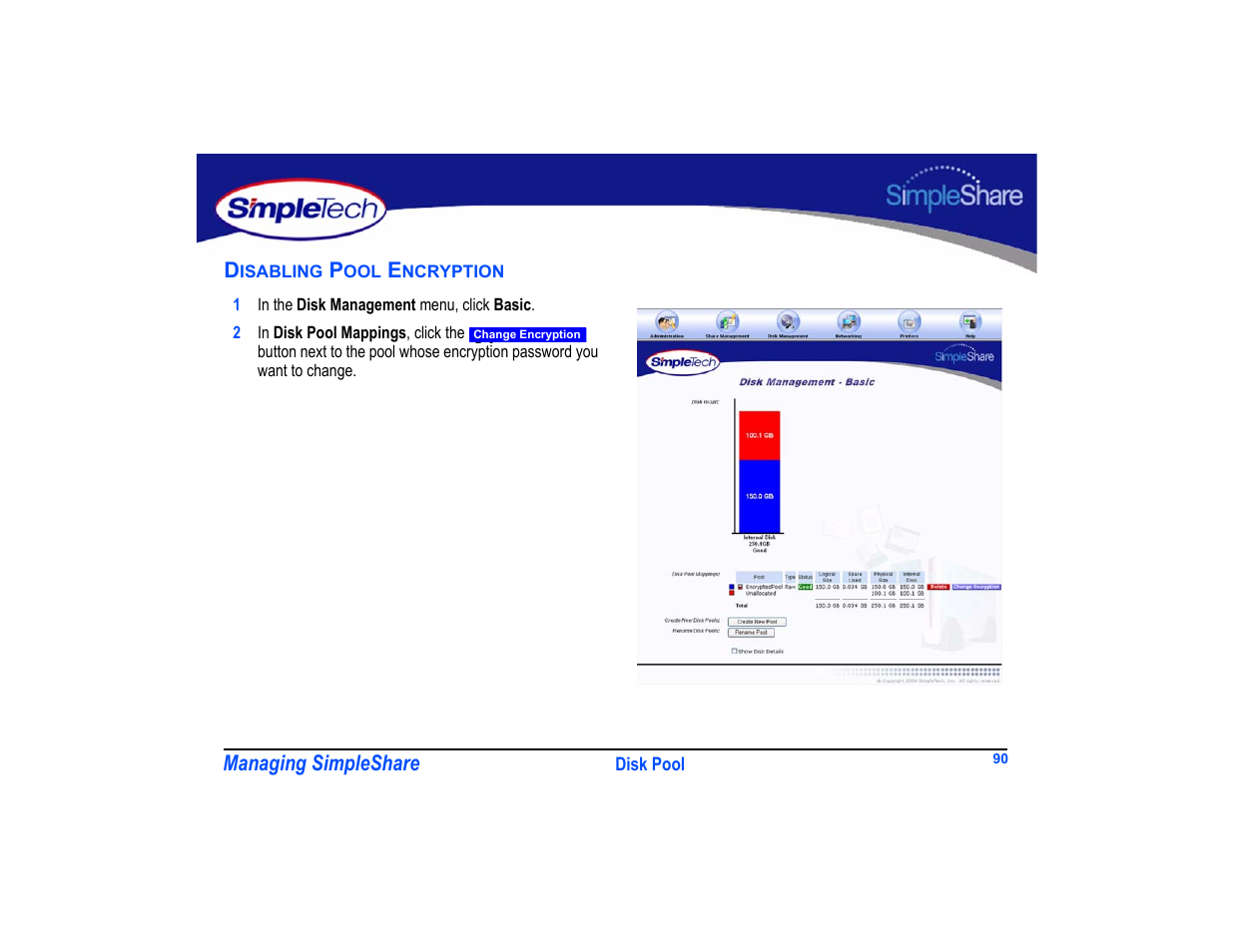 Disabling pool encryption, Disabling pool encryption 90 | SimpleTech SimpleShare User Manual | Page 104 / 120