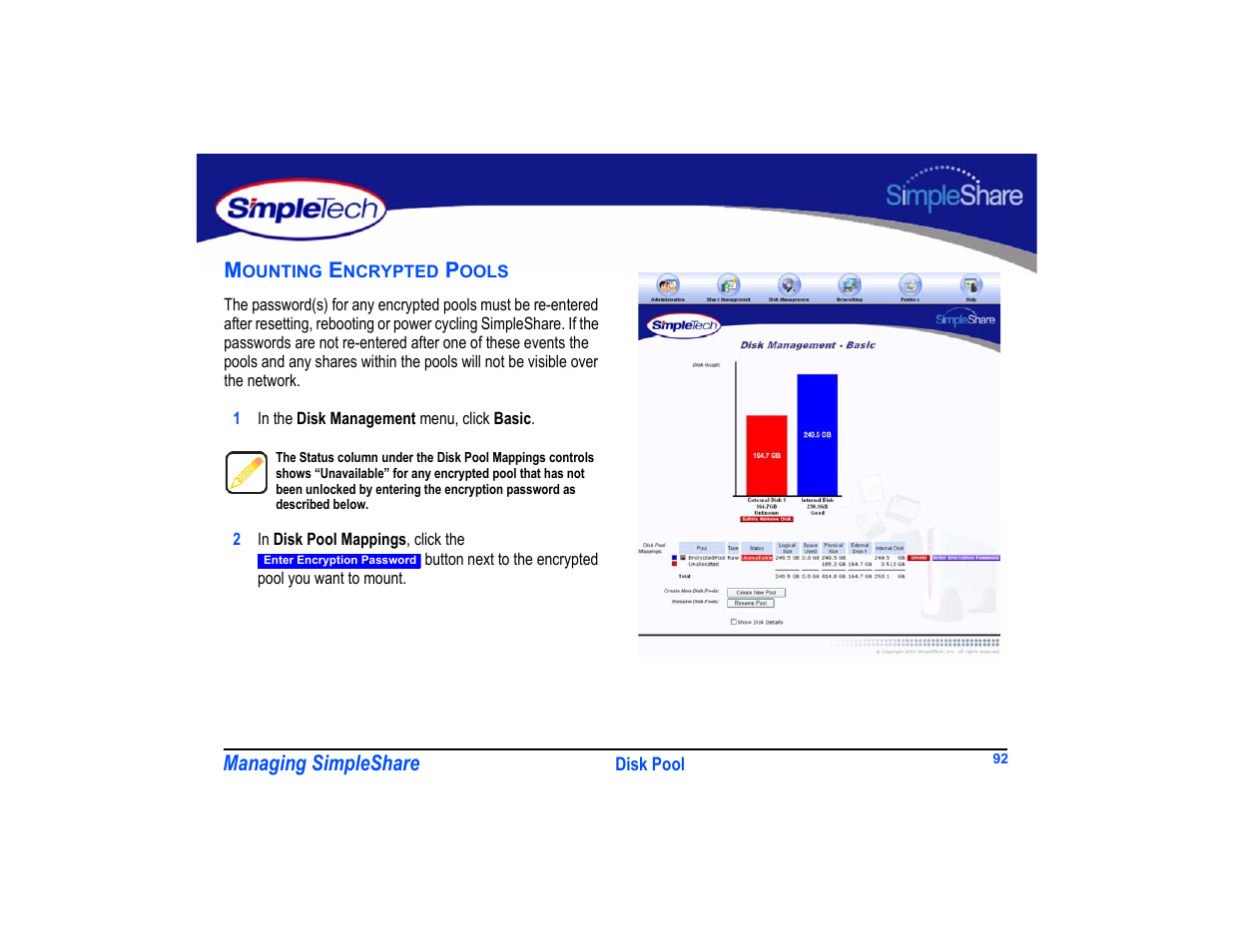 Mounting encrypted pools, Mounting encrypted pools 92, Mounting | SimpleTech SimpleShare User Manual | Page 106 / 120