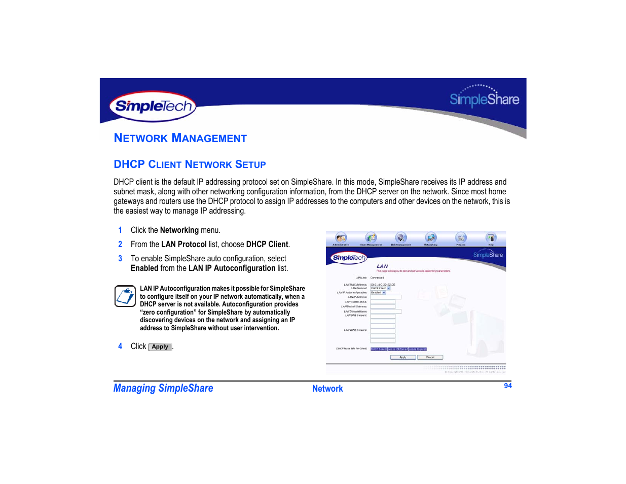 Network management, Dhcp client network setup, Dhcp client network setup 94 | SimpleTech SimpleShare User Manual | Page 108 / 120