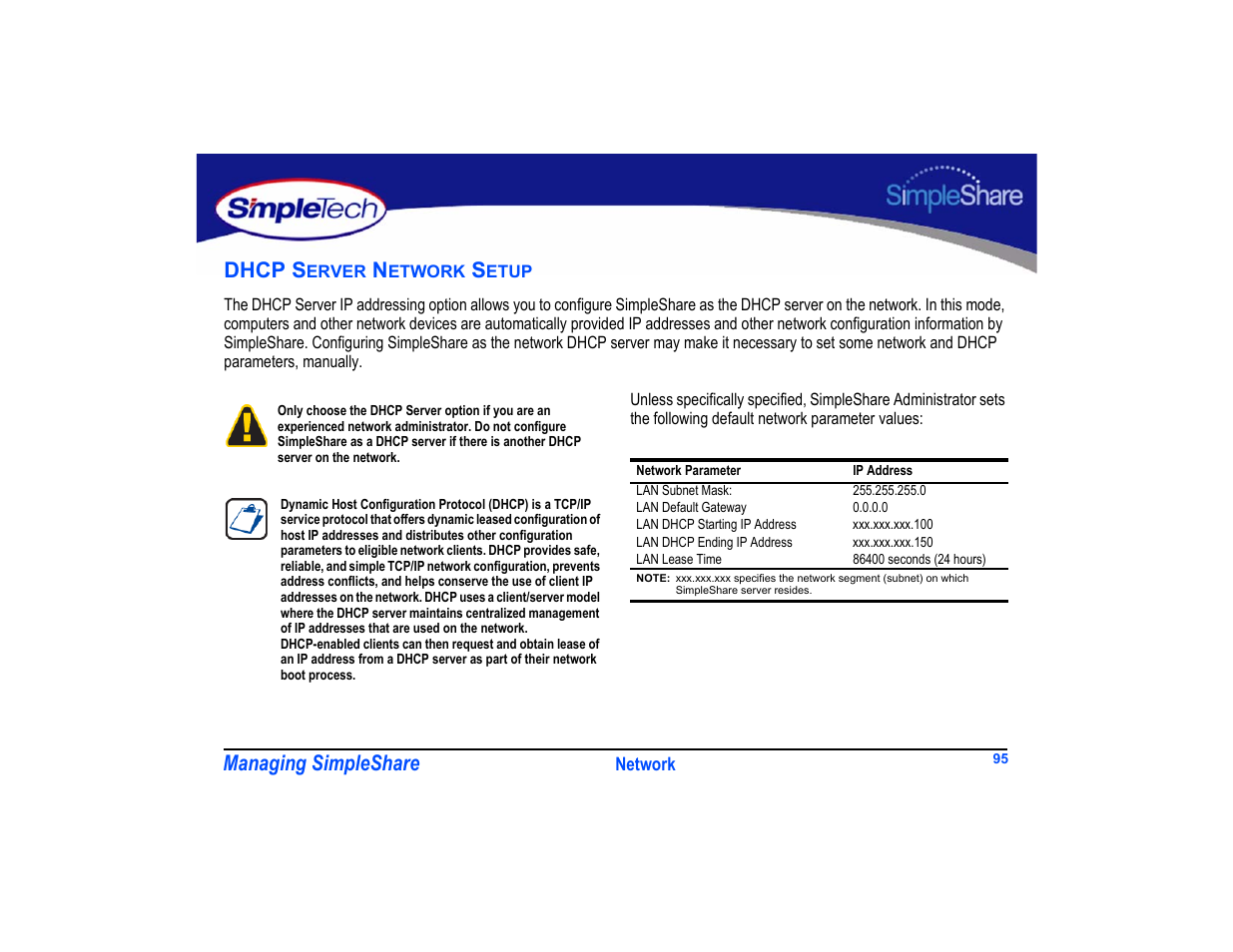 Dhcp server network setup, Dhcp server network setup 95, Managing simpleshare | Dhcp s | SimpleTech SimpleShare User Manual | Page 109 / 120