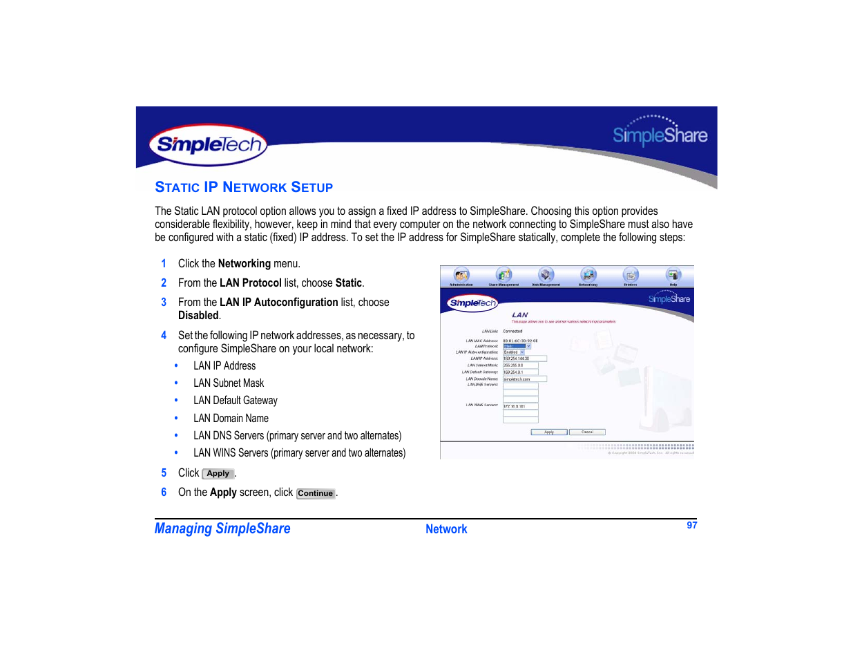 Static ip network setup, Static ip network setup 97 | SimpleTech SimpleShare User Manual | Page 111 / 120