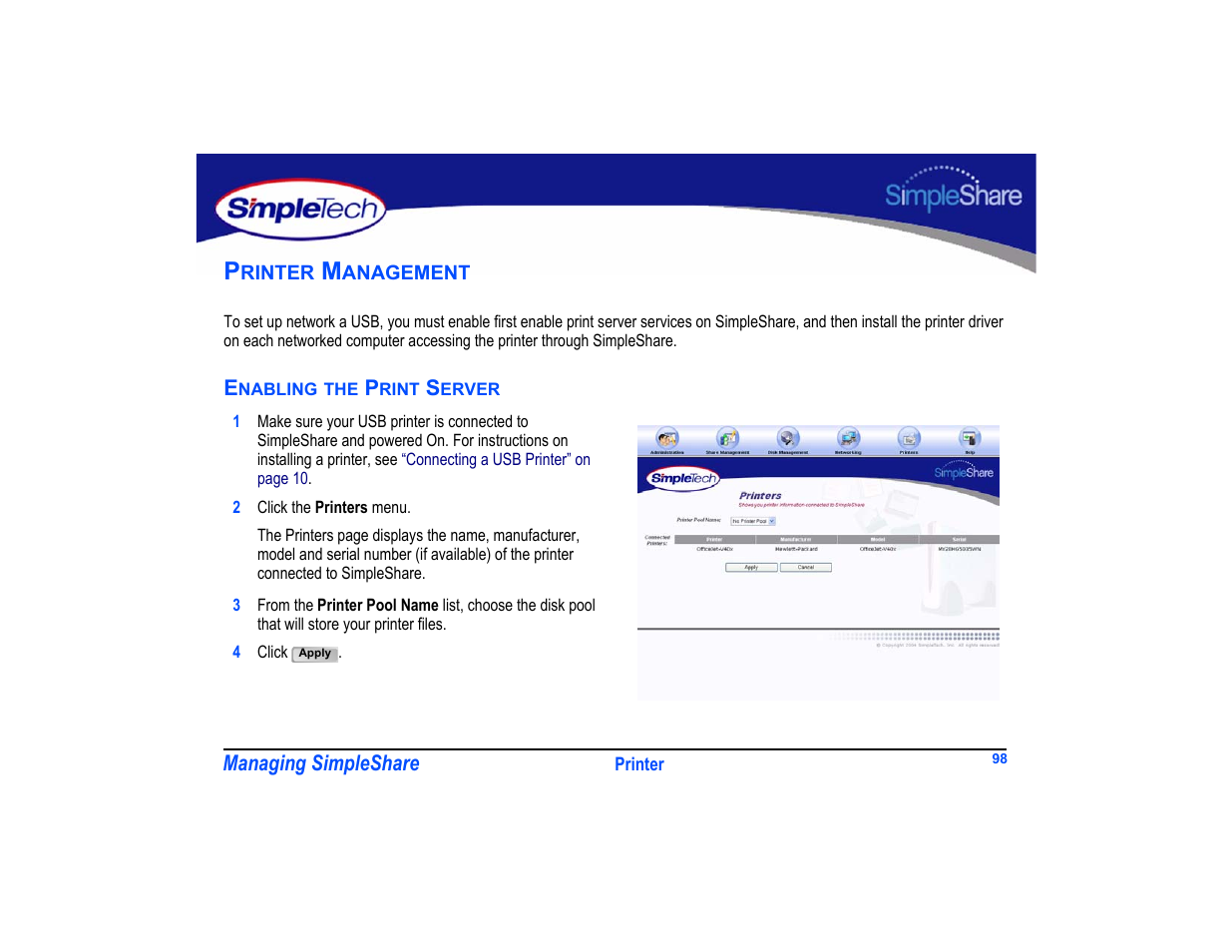 Printer management, Enabling the print server, Enabling the print server 98 | SimpleTech SimpleShare User Manual | Page 112 / 120