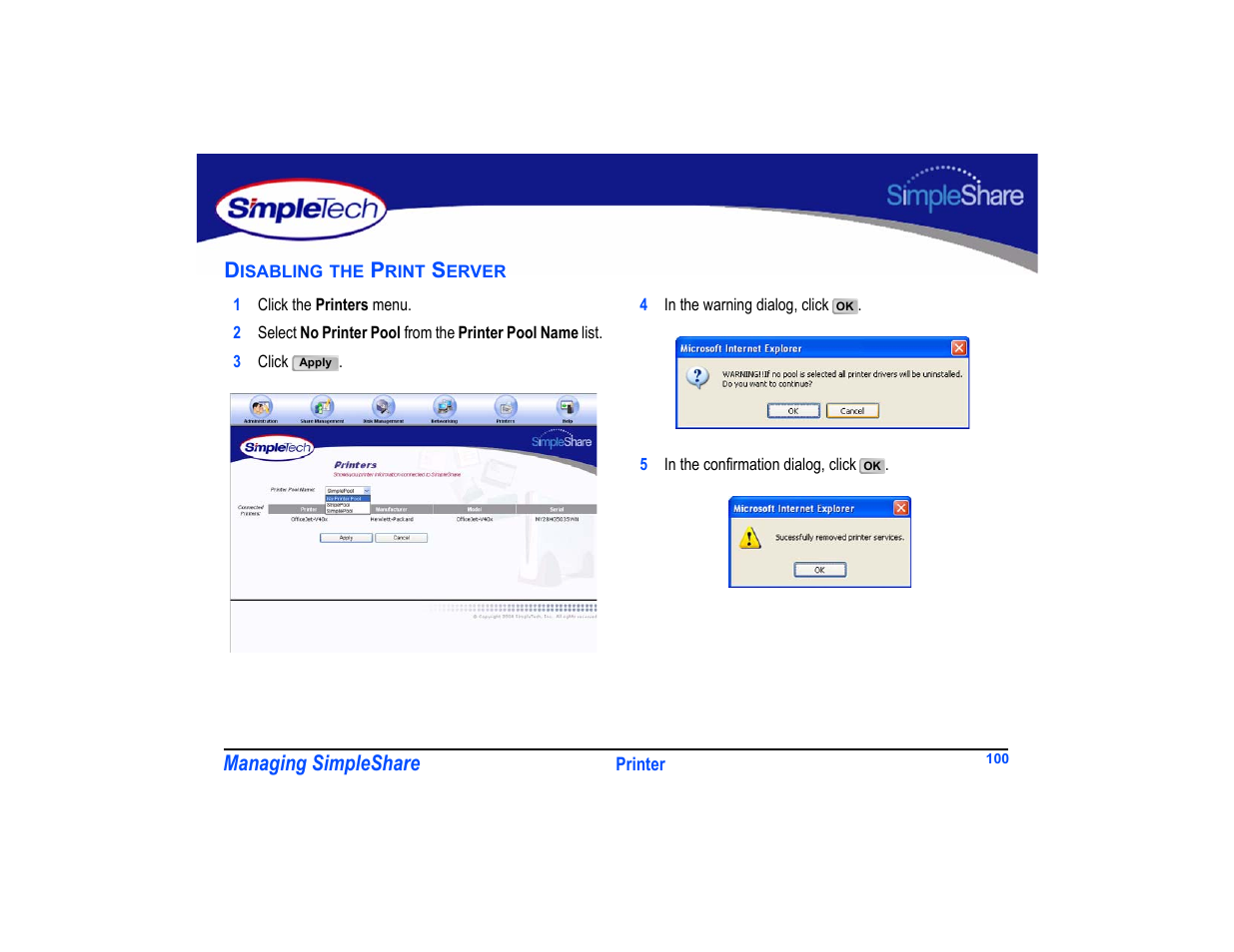 Disabling the print server, Disabling the print server 100 | SimpleTech SimpleShare User Manual | Page 114 / 120