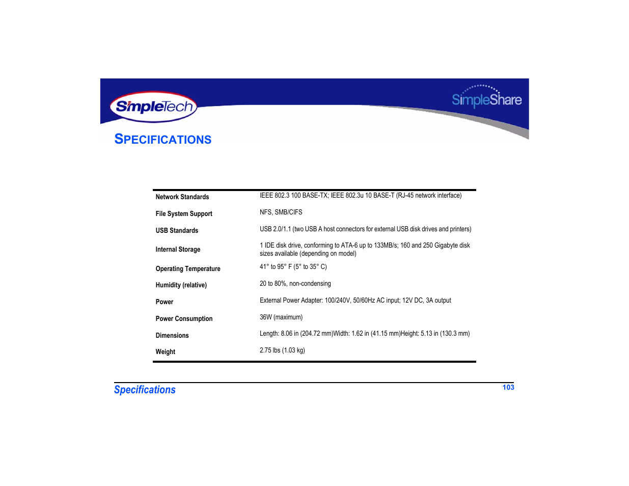 Specifications, Specifications 103, Pecifications | SimpleTech SimpleShare User Manual | Page 117 / 120