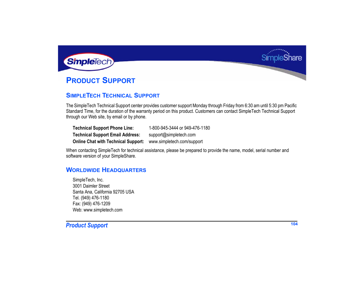 Product support, Simpletech technical support, Worldwide headquarters | Product support 104 | SimpleTech SimpleShare User Manual | Page 118 / 120