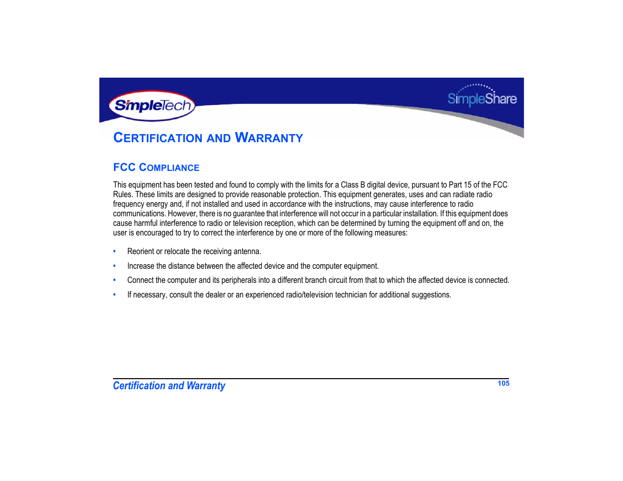 Certification and warranty, Fcc compliance, Certification and warranty 105 | Fcc compliance 105 | SimpleTech SimpleShare User Manual | Page 119 / 120