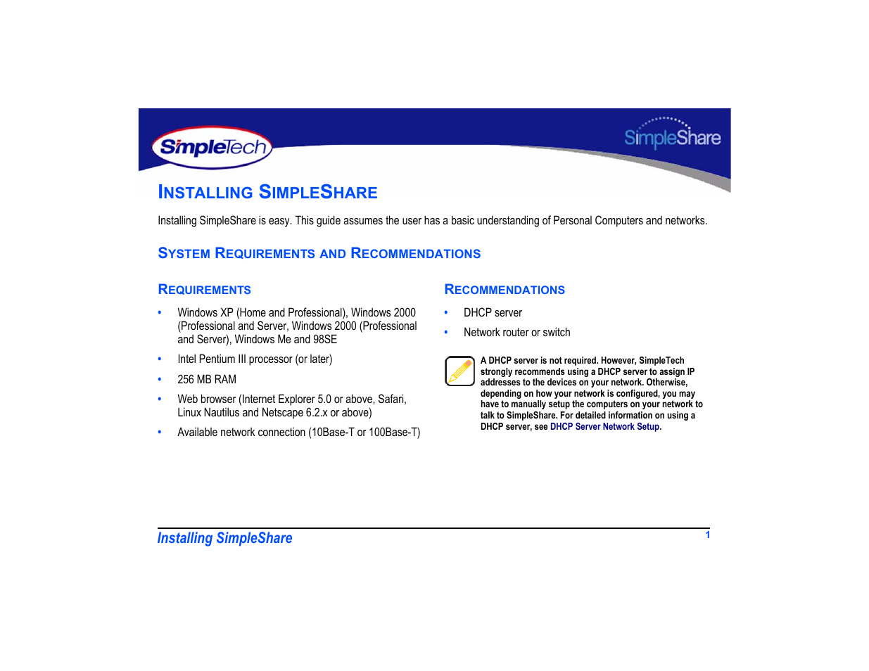 Installing simpleshare, System requirements and recommendations, Requirements | Recommendations, Installing simpleshare 1, System requirements and recommendations 1, Requirements 1 recommendations 1, Nstalling, Imple, Hare | SimpleTech SimpleShare User Manual | Page 15 / 120