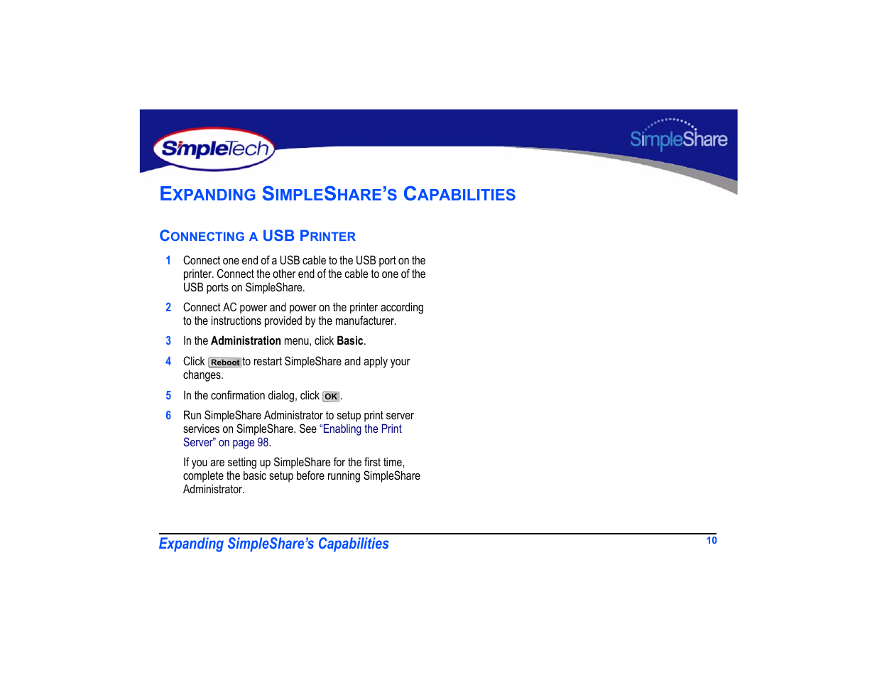 Expanding simpleshare’s capabilities, Connecting a usb printer, Expanding simpleshare’s capabilities 10 | Connecting a usb printer 10 | SimpleTech SimpleShare User Manual | Page 24 / 120