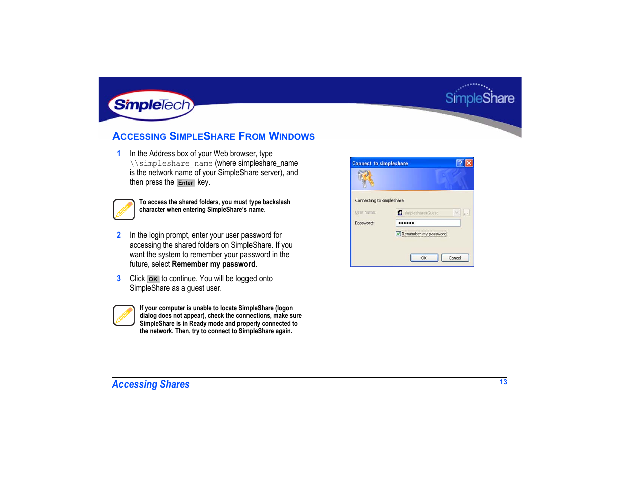 Accessing simpleshare from windows, Accessing simpleshare from windows 13 | SimpleTech SimpleShare User Manual | Page 27 / 120