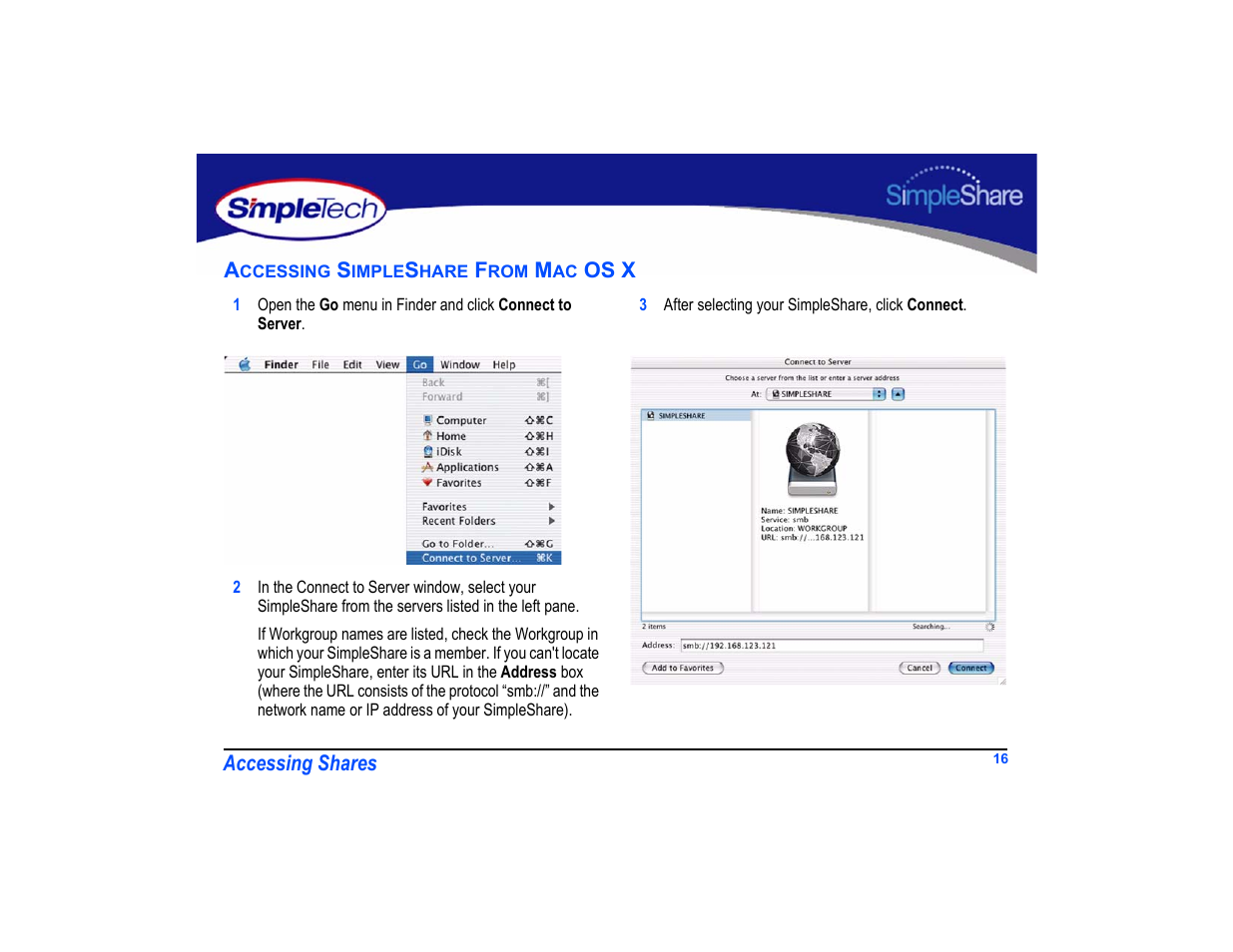 Accessing simpleshare from mac os x, Accessing simpleshare from mac os x 16 | SimpleTech SimpleShare User Manual | Page 30 / 120