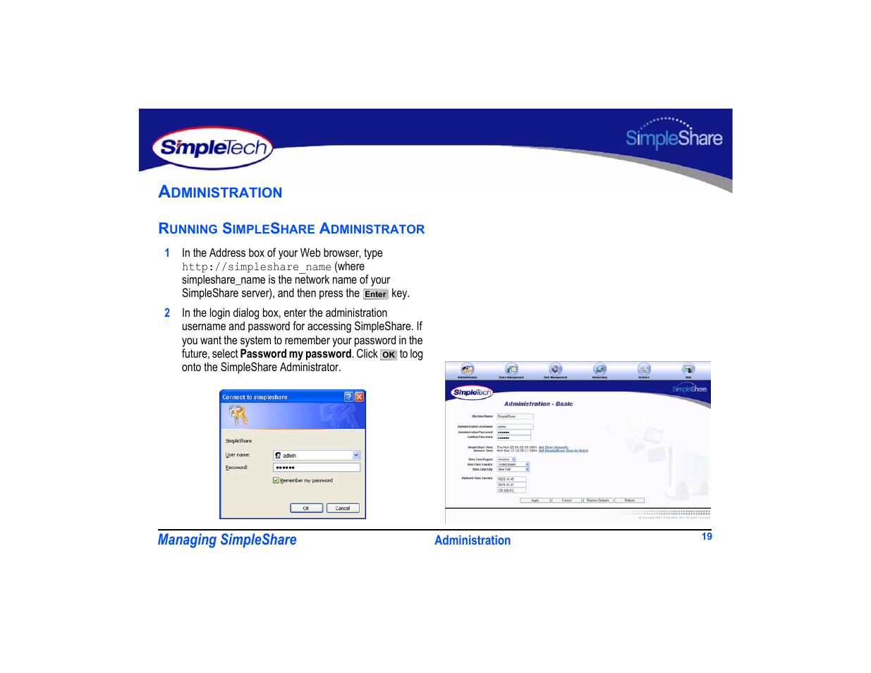 Administration, Running simpleshare administrator, Running simpleshare administrator 19 | SimpleTech SimpleShare User Manual | Page 33 / 120