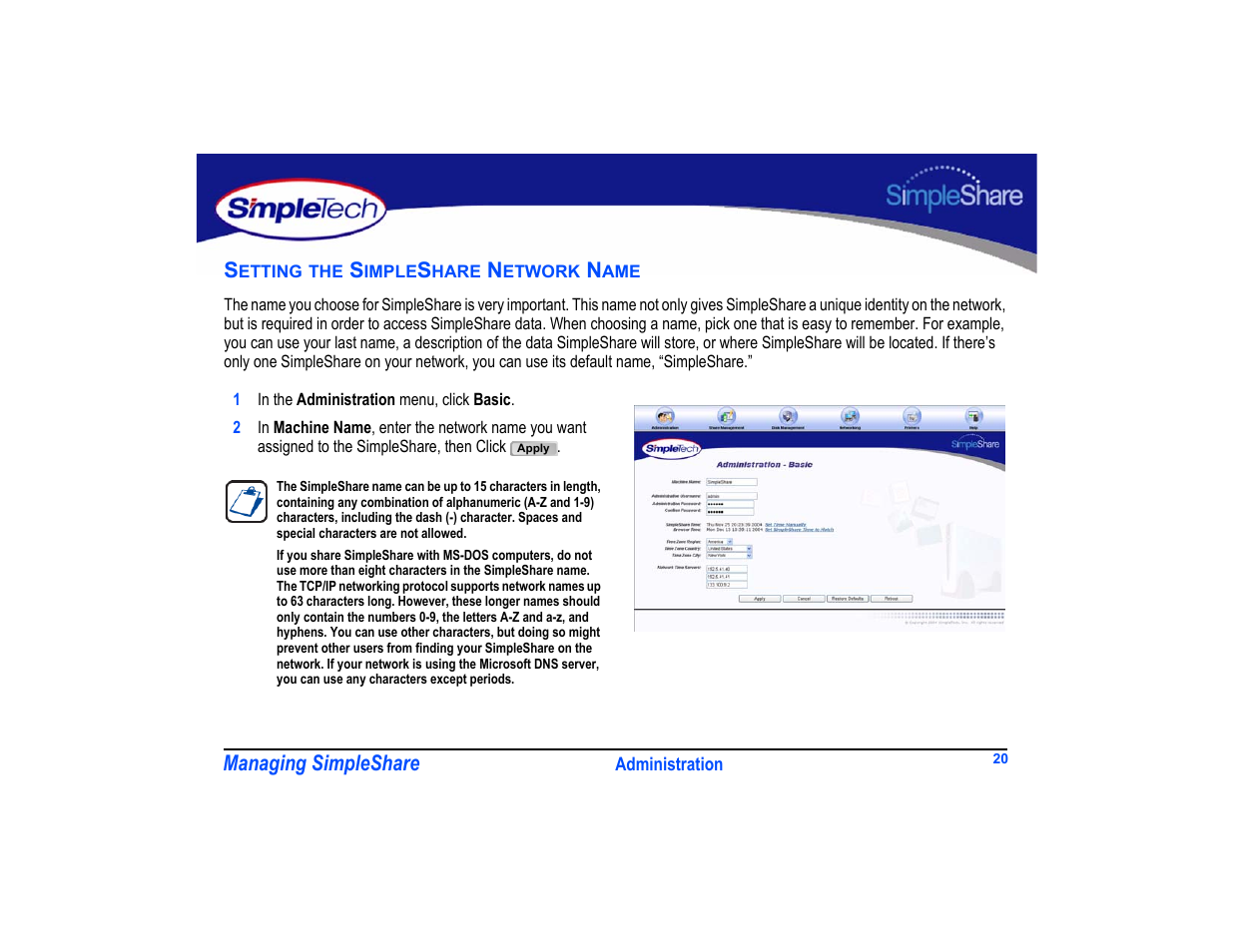 Setting the simpleshare network name, Setting the simpleshare network name 20, Managing simpleshare | SimpleTech SimpleShare User Manual | Page 34 / 120