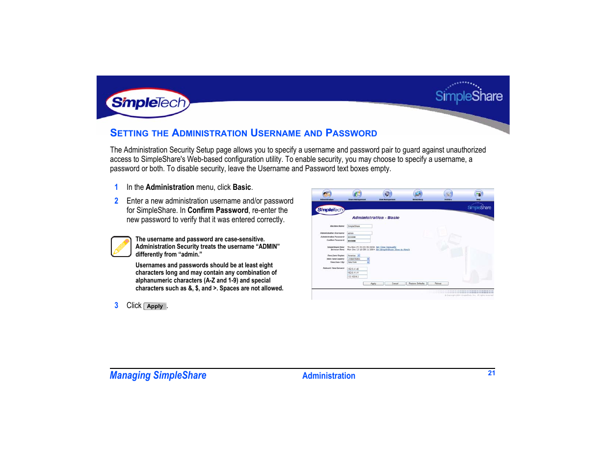 Setting the administration username and password | SimpleTech SimpleShare User Manual | Page 35 / 120