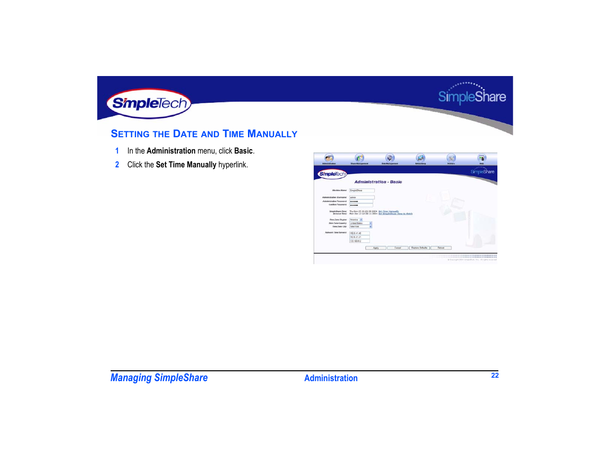 Setting the date and time manually, Setting the date and time manually 22 | SimpleTech SimpleShare User Manual | Page 36 / 120