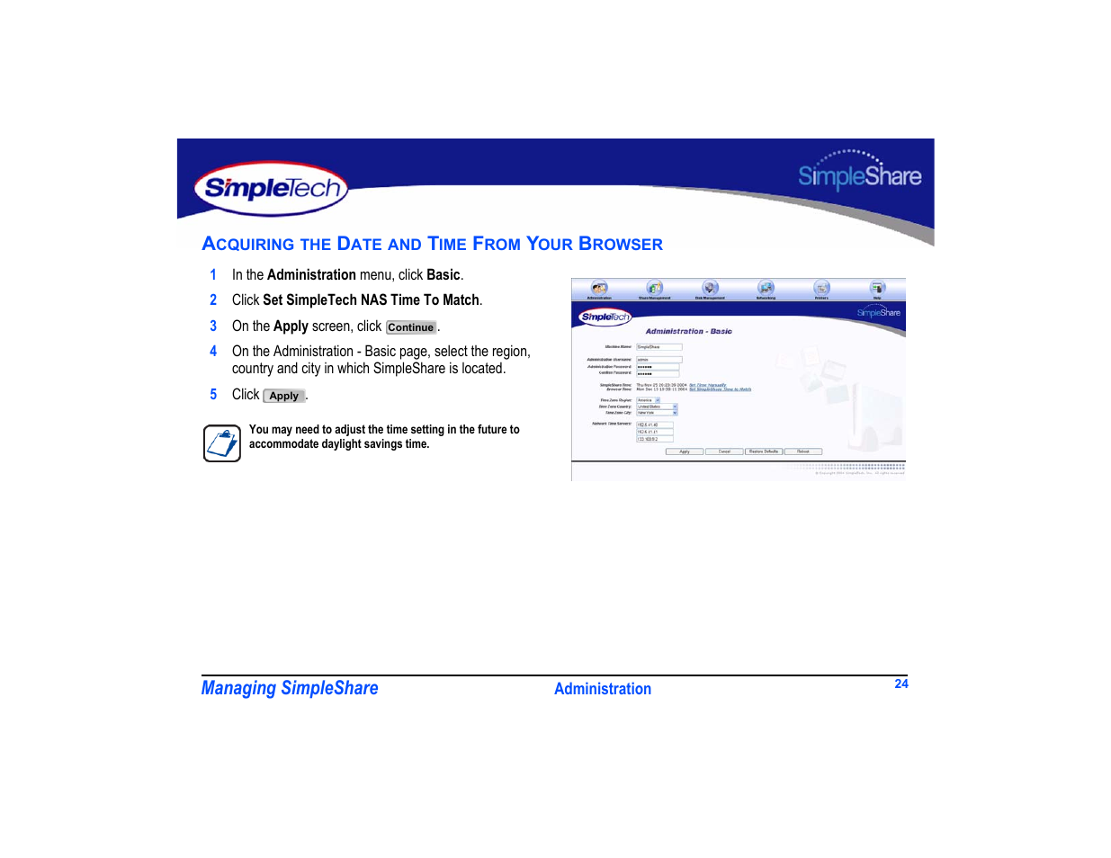 Acquiring the date and time from your browser, Acquiring the date and time from your browser 24 | SimpleTech SimpleShare User Manual | Page 38 / 120