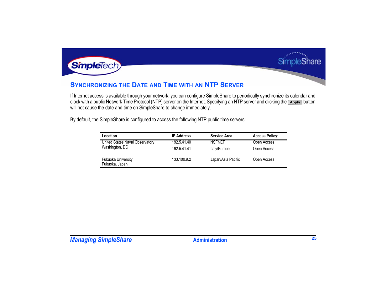 Synchronizing the date and time with an ntp server, Managing simpleshare, Ntp s | SimpleTech SimpleShare User Manual | Page 39 / 120