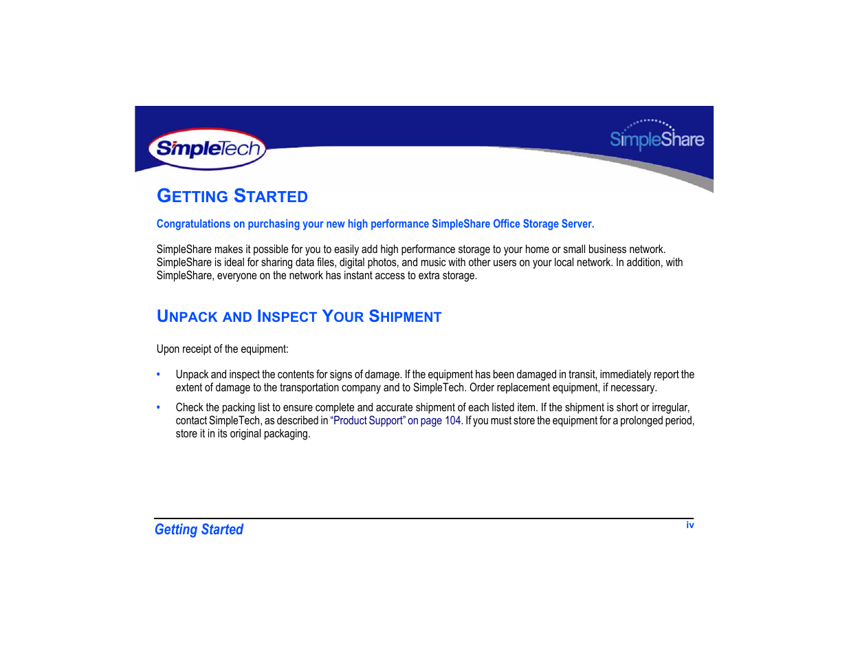 Getting started, Unpack and inspect your shipment | SimpleTech SimpleShare User Manual | Page 4 / 120