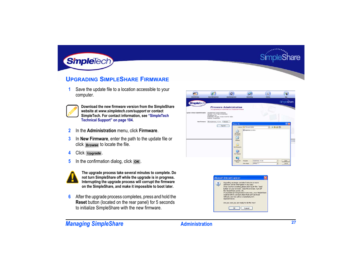 Upgrading simpleshare firmware, Upgrading simpleshare, Managing simpleshare | SimpleTech SimpleShare User Manual | Page 41 / 120