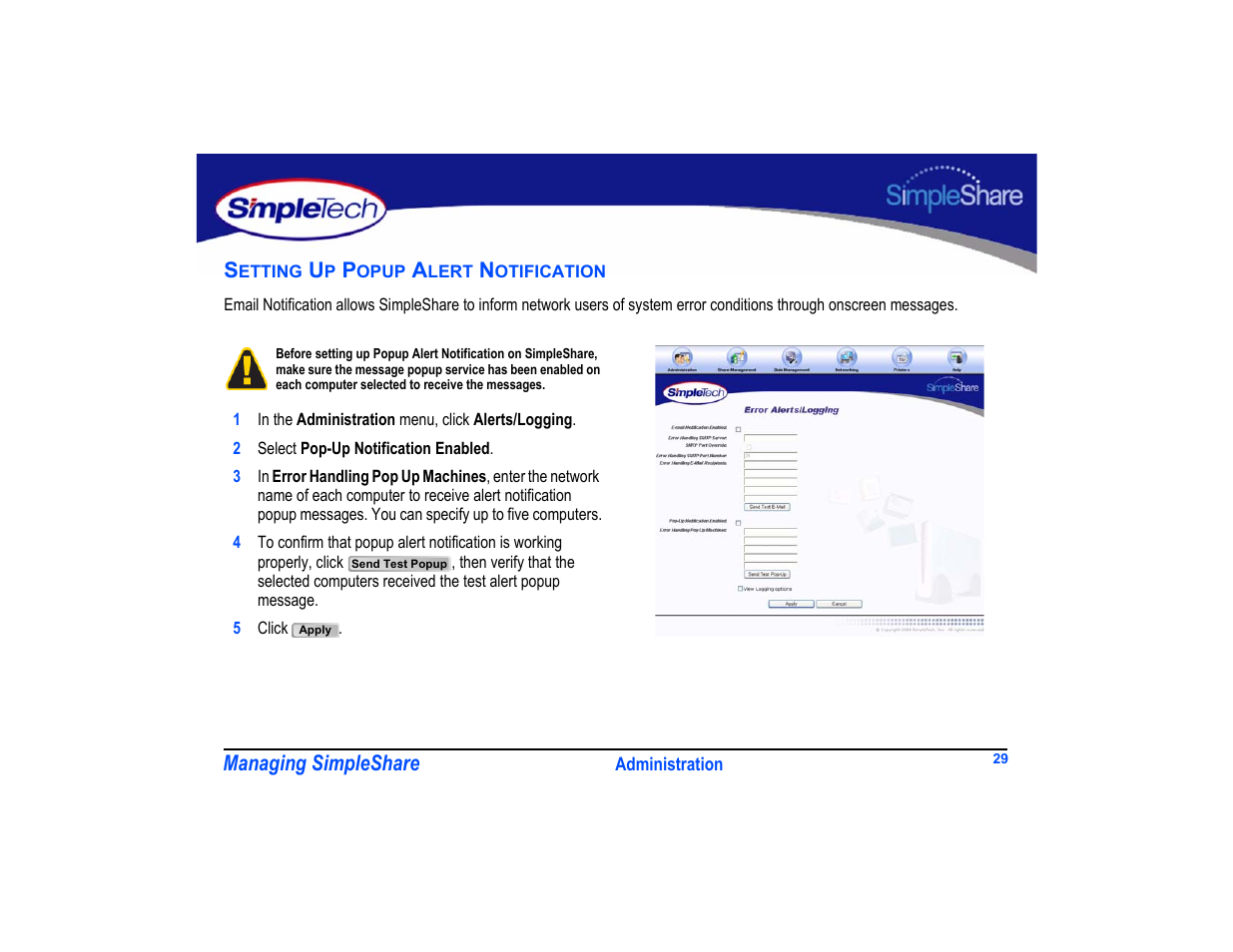 Setting up popup alert notification, Setting up popup alert notification 29 | SimpleTech SimpleShare User Manual | Page 43 / 120