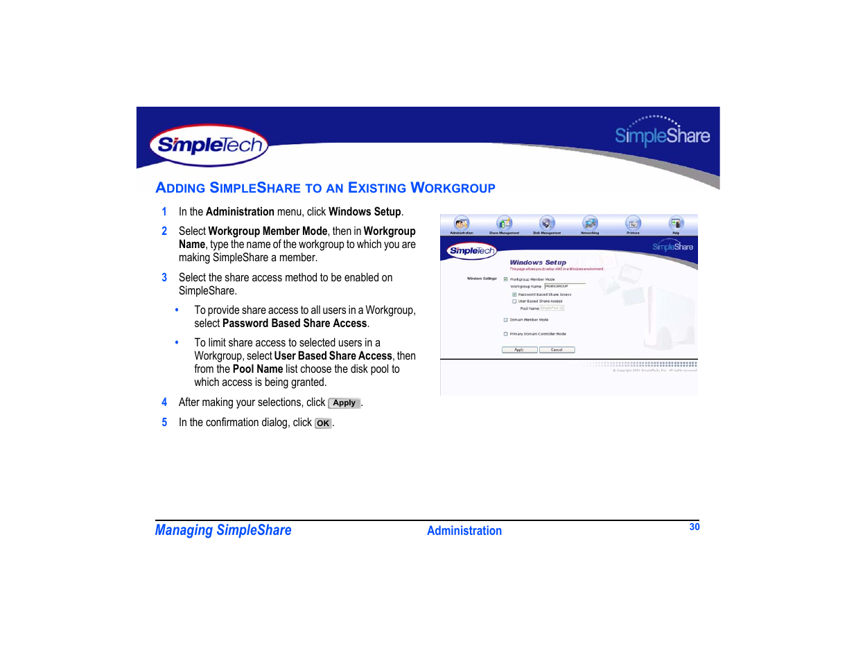 Adding simpleshare to an existing workgroup, Adding simpleshare to an existing workgroup 30 | SimpleTech SimpleShare User Manual | Page 44 / 120