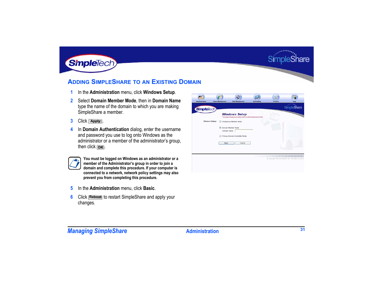 Adding simpleshare to an existing domain, Adding simpleshare to an existing domain 31 | SimpleTech SimpleShare User Manual | Page 45 / 120