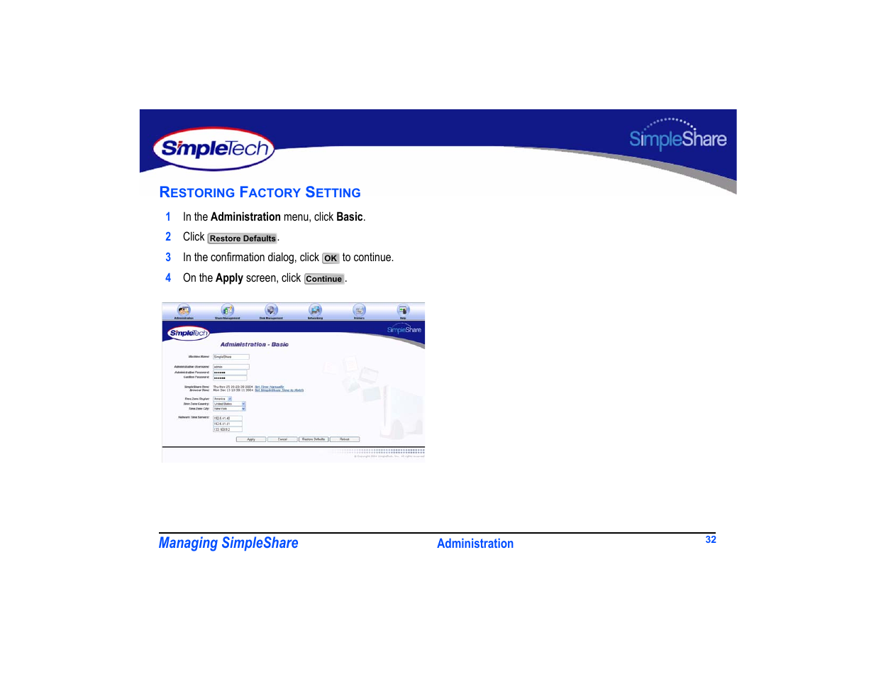 Restoring factory setting, Restoring factory setting 32 | SimpleTech SimpleShare User Manual | Page 46 / 120