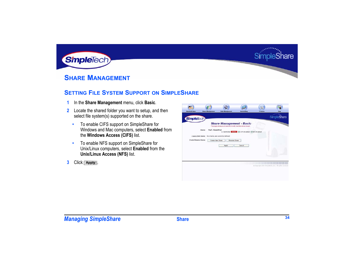 Share management, Setting file system support on simpleshare, Setting file system support on simpleshare 34 | SimpleTech SimpleShare User Manual | Page 48 / 120