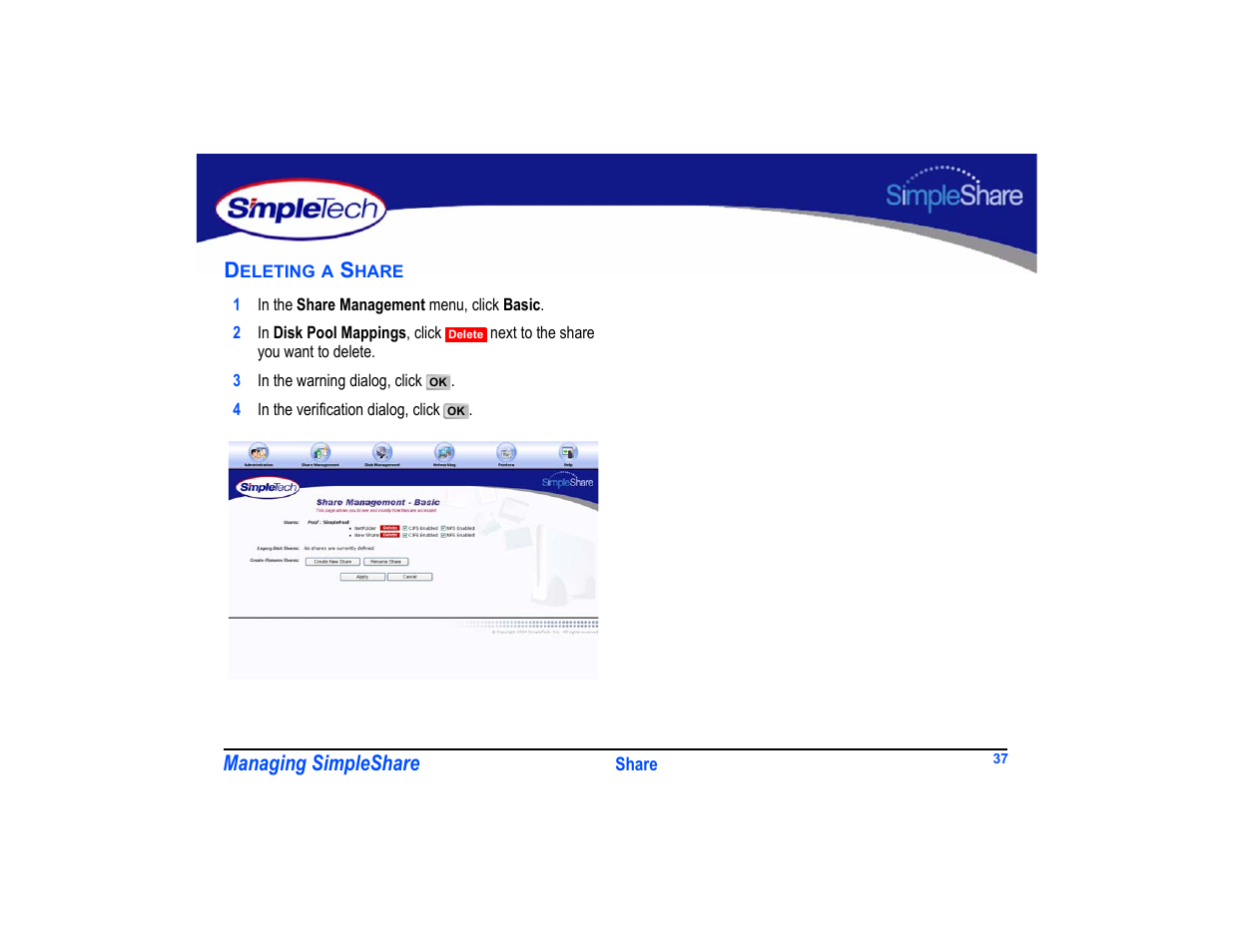 Deleting a share, Deleting a share 37 | SimpleTech SimpleShare User Manual | Page 51 / 120