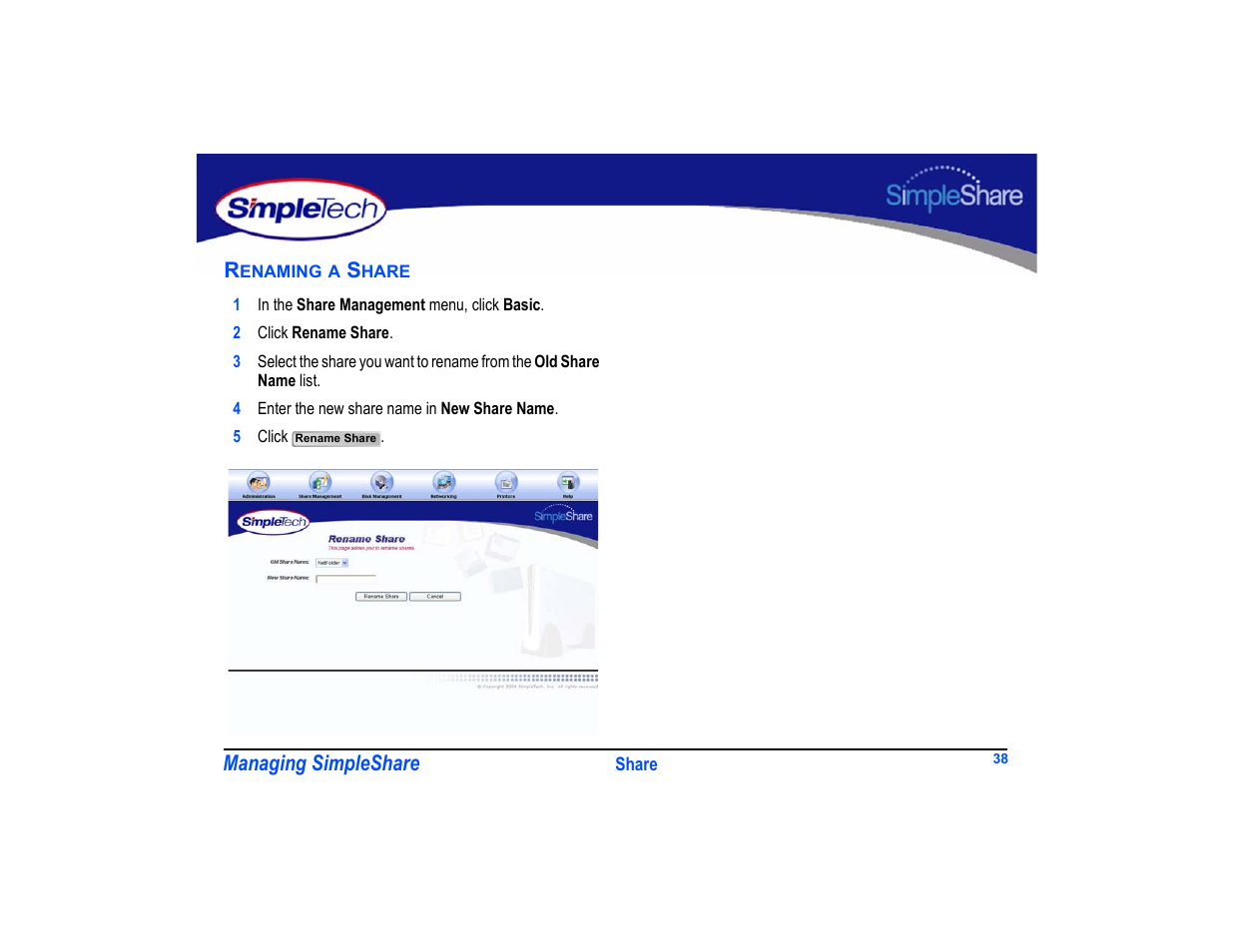 Renaming a share, Renaming a share 38 | SimpleTech SimpleShare User Manual | Page 52 / 120