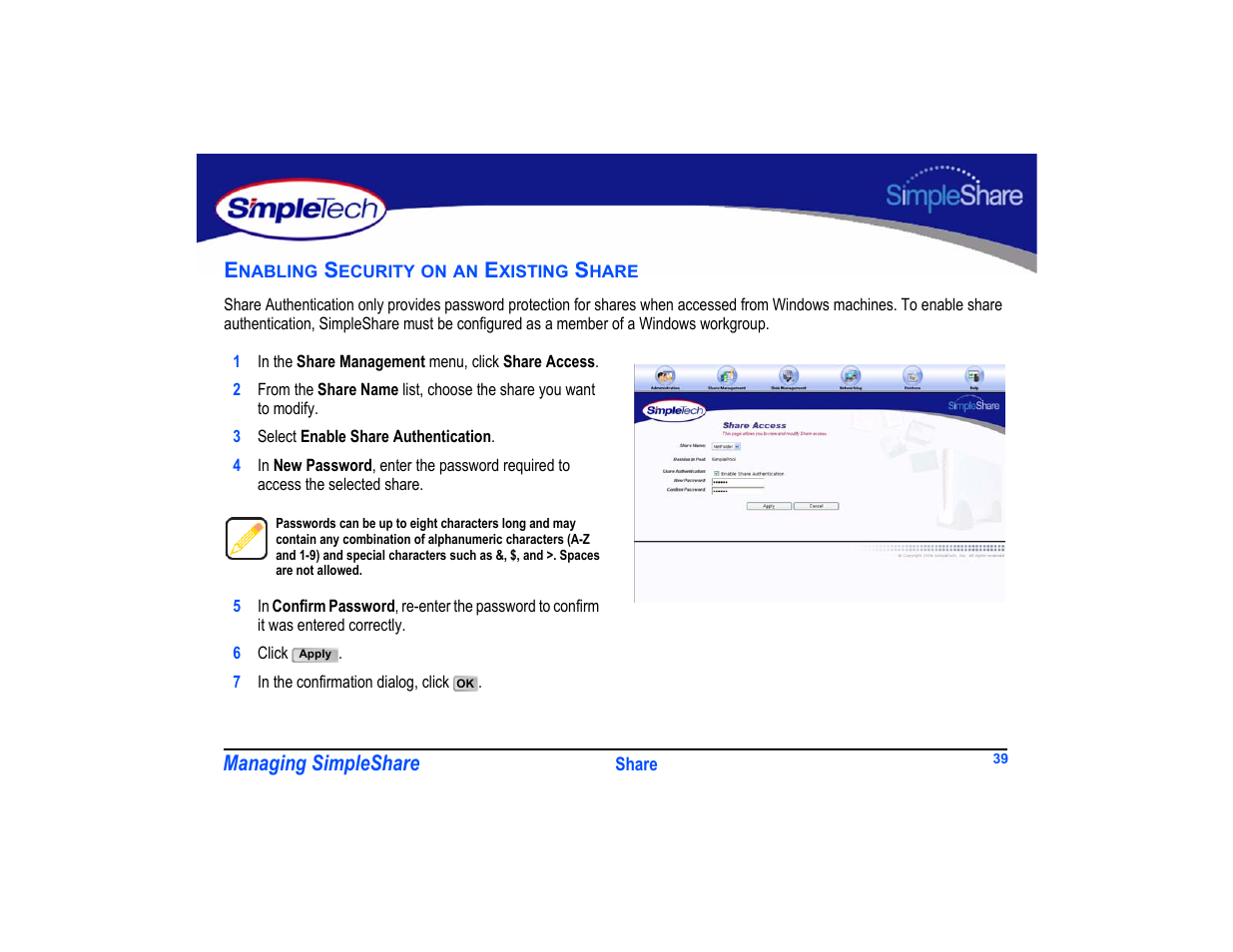 Enabling security on an existing share, Enabling security on an existing share 39 | SimpleTech SimpleShare User Manual | Page 53 / 120