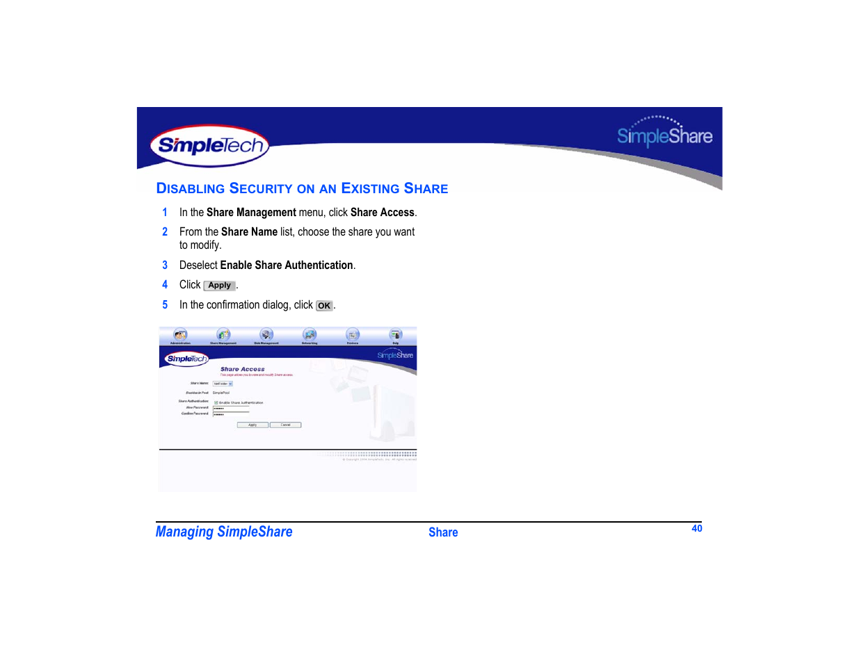 Disabling security on an existing share, Disabling security on an existing share 40 | SimpleTech SimpleShare User Manual | Page 54 / 120