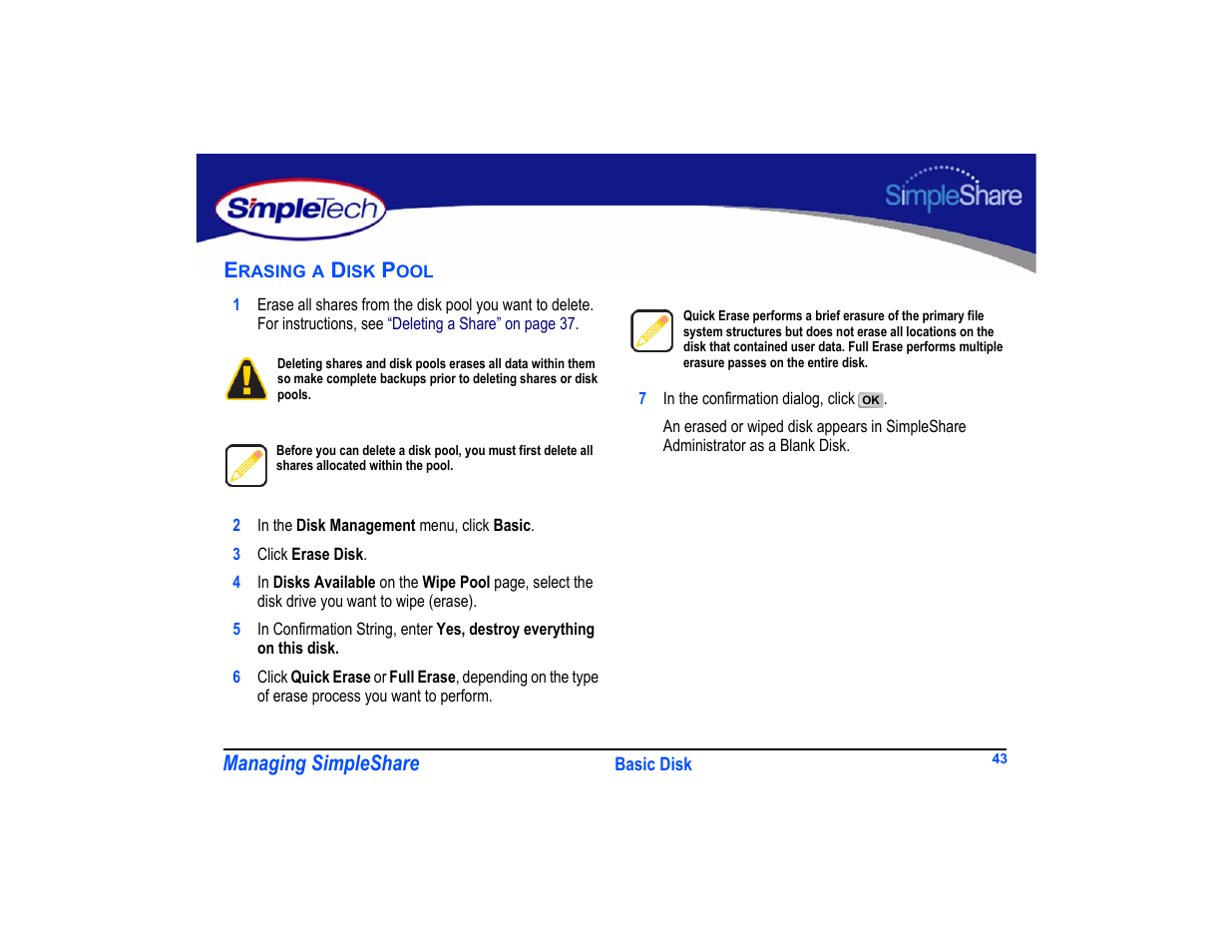 Erasing a disk pool, Erasing a disk pool 43 | SimpleTech SimpleShare User Manual | Page 57 / 120