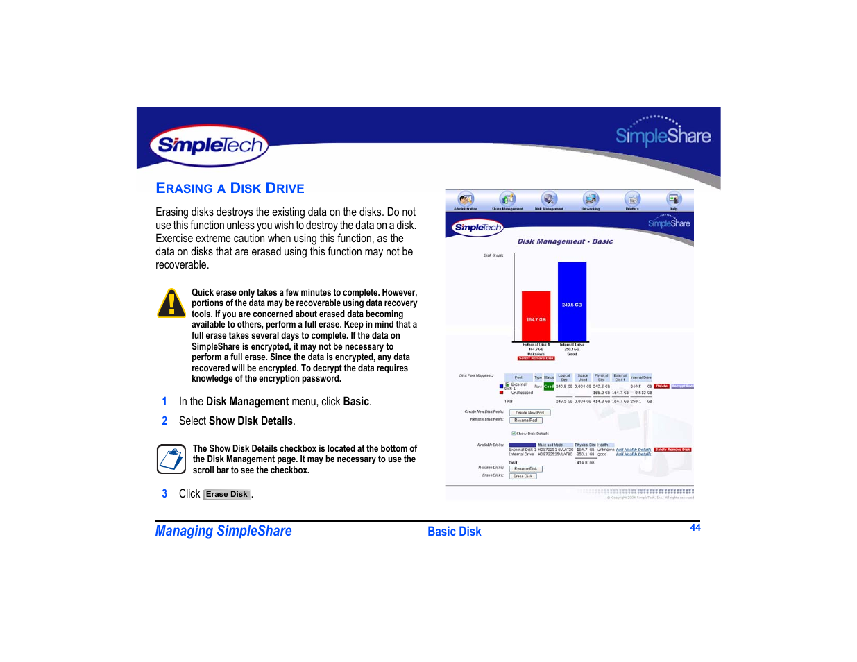 Erasing a disk drive, Erasing a disk drive 44, Managing simpleshare | SimpleTech SimpleShare User Manual | Page 58 / 120